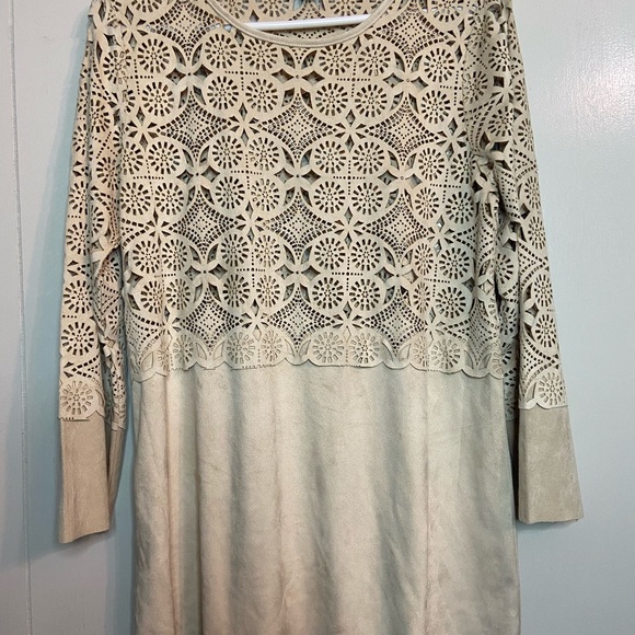 Alberto Makali tan ecru metallic studded Laser cutout ladies tunic medium med - Picture 2 of 8